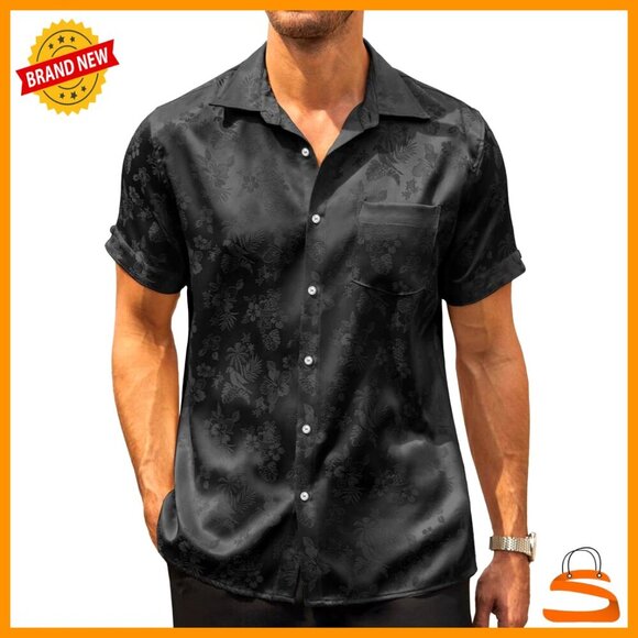 Other - Silk Satin Button Down Shirt Short Sleeve Loose Fit Jacquard Design Summer